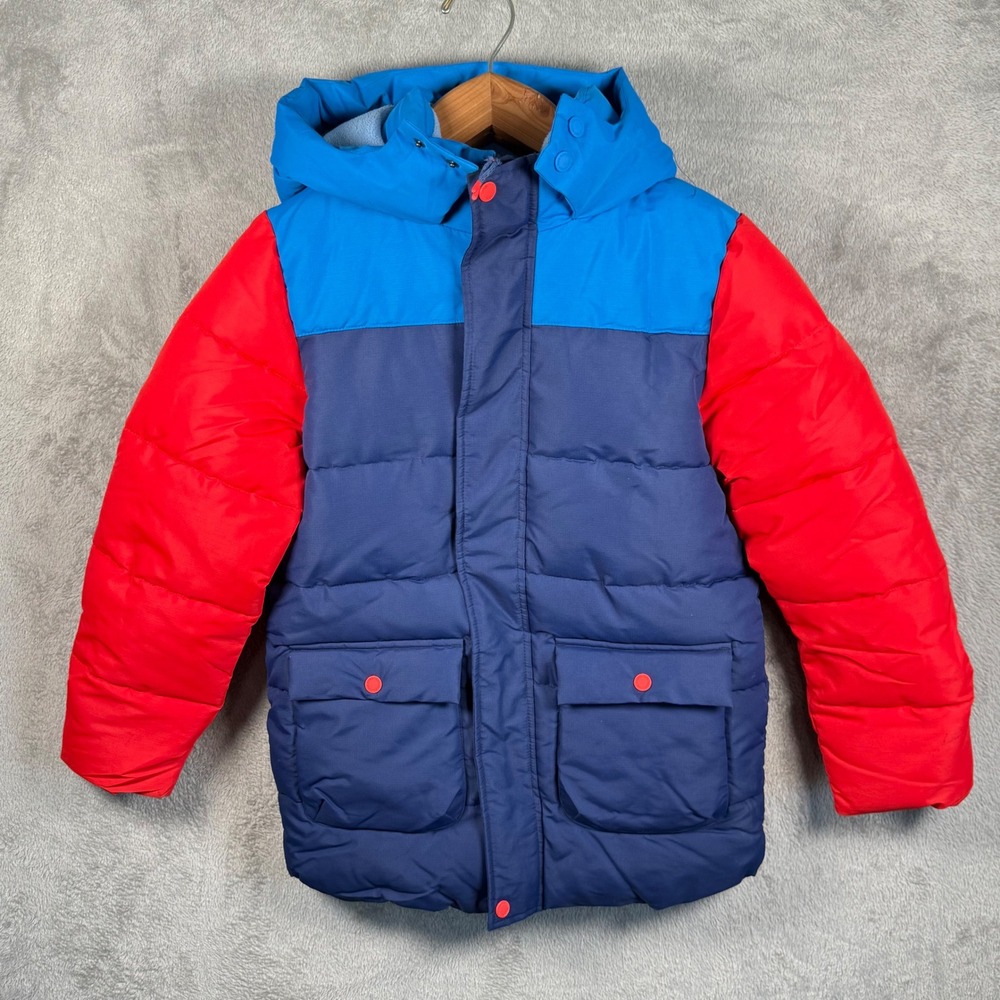 Mini Boden Puffer Jacket Kids 11-12Y Blue Red Colorblock Hooded L/S Winter Coat